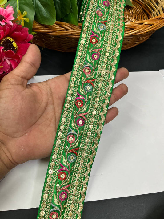 Sabyasachi Inspired Embroidery Lace Border for Sarees & Lehengas (9 Meter) – 2 Inch Width | Parrot Green