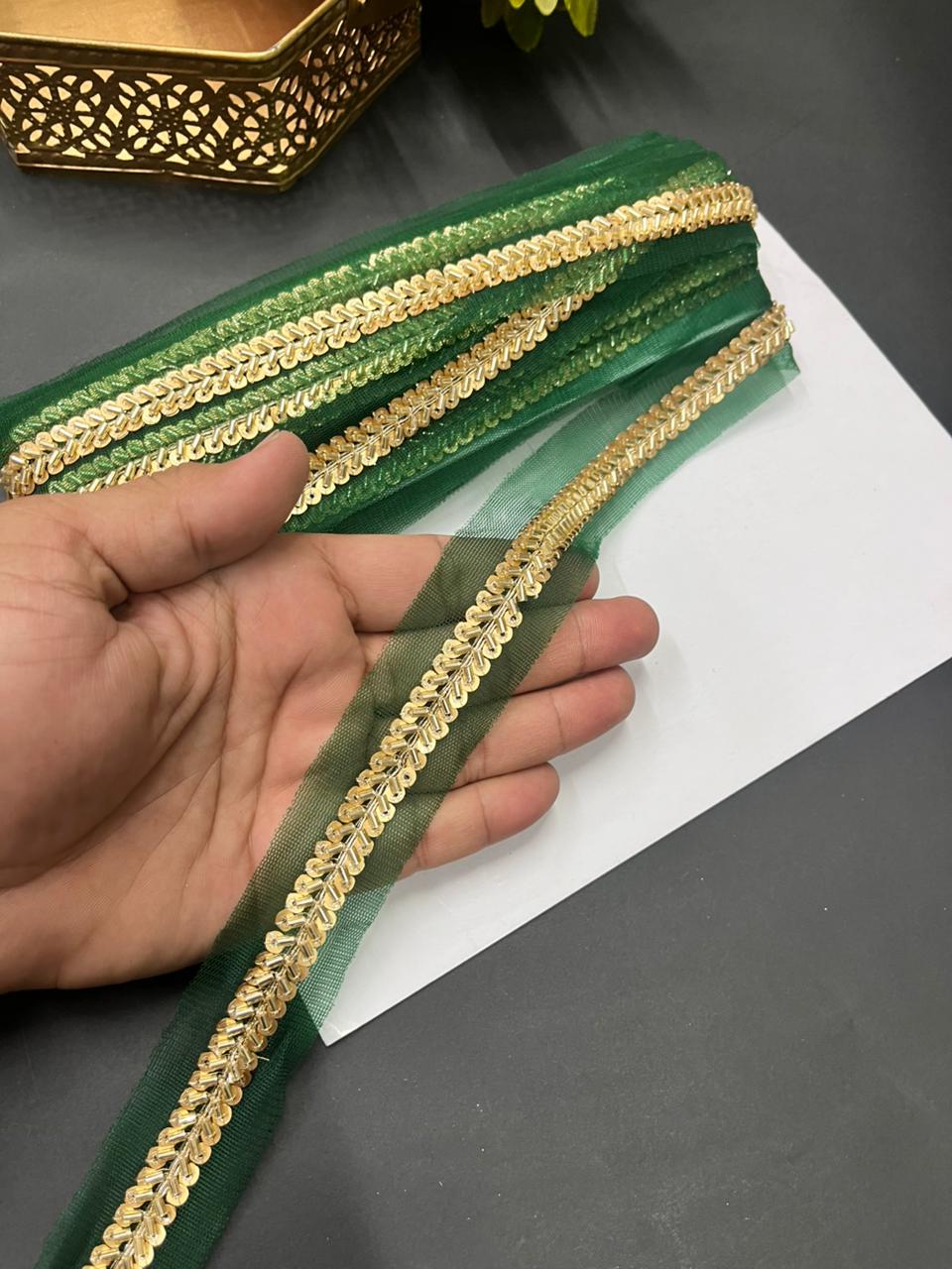 Elegant Pipe & Sequin Work Lace Borders – Designer Maggam Work Trim for Sarees, Lehengas & Dupattas (9 Meter, 0.5 Inch Width) | Parrot Green