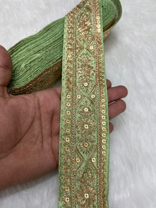 Embroidered Zari Lace – Indian Wedding Trims, Saree Border, 2 Inch Wide Lace Reel (9 Mtr) | Pastel Green