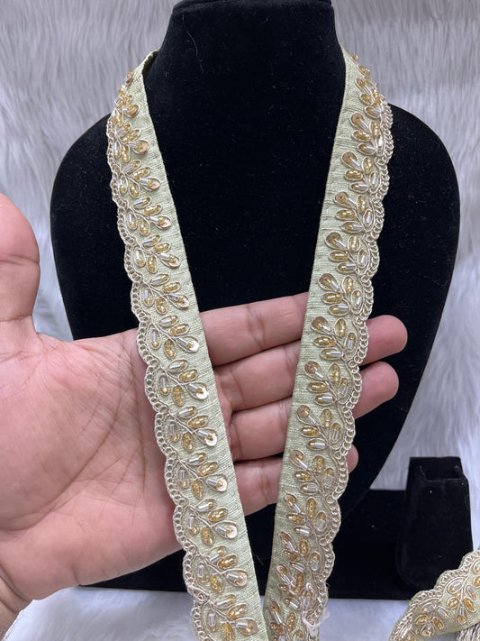 Designer Maggam Work Lace Border – 9 Meters, 1-Inch Width, Handcrafted Embroidery | Pastel Green