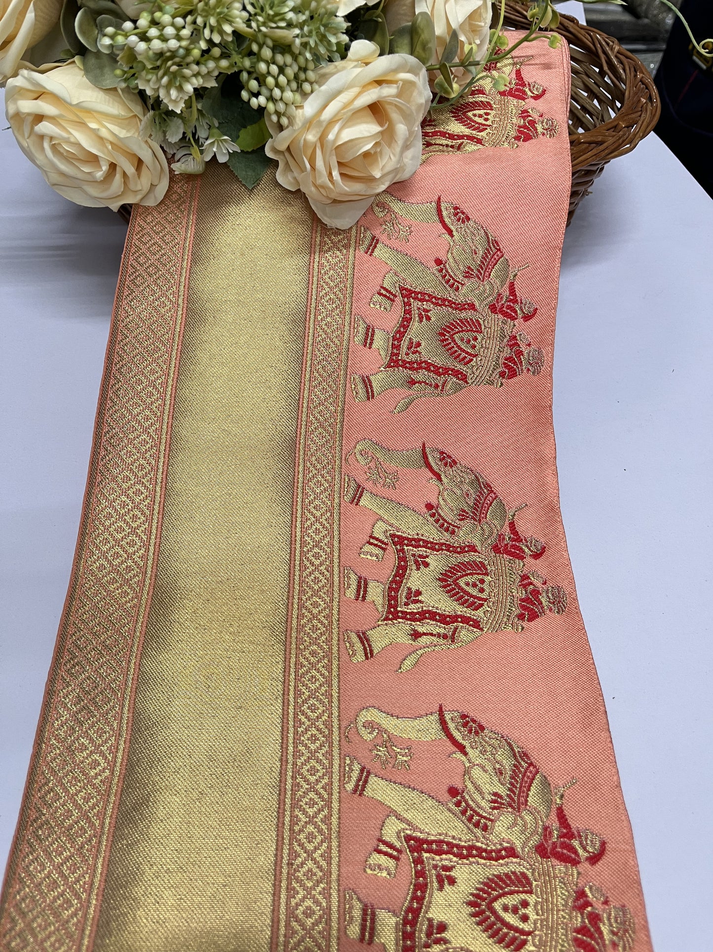 Elephant Banarasi Border – 9 Meter, 8 Inch Width – Traditional Embellished Banarasi Lace, Peach