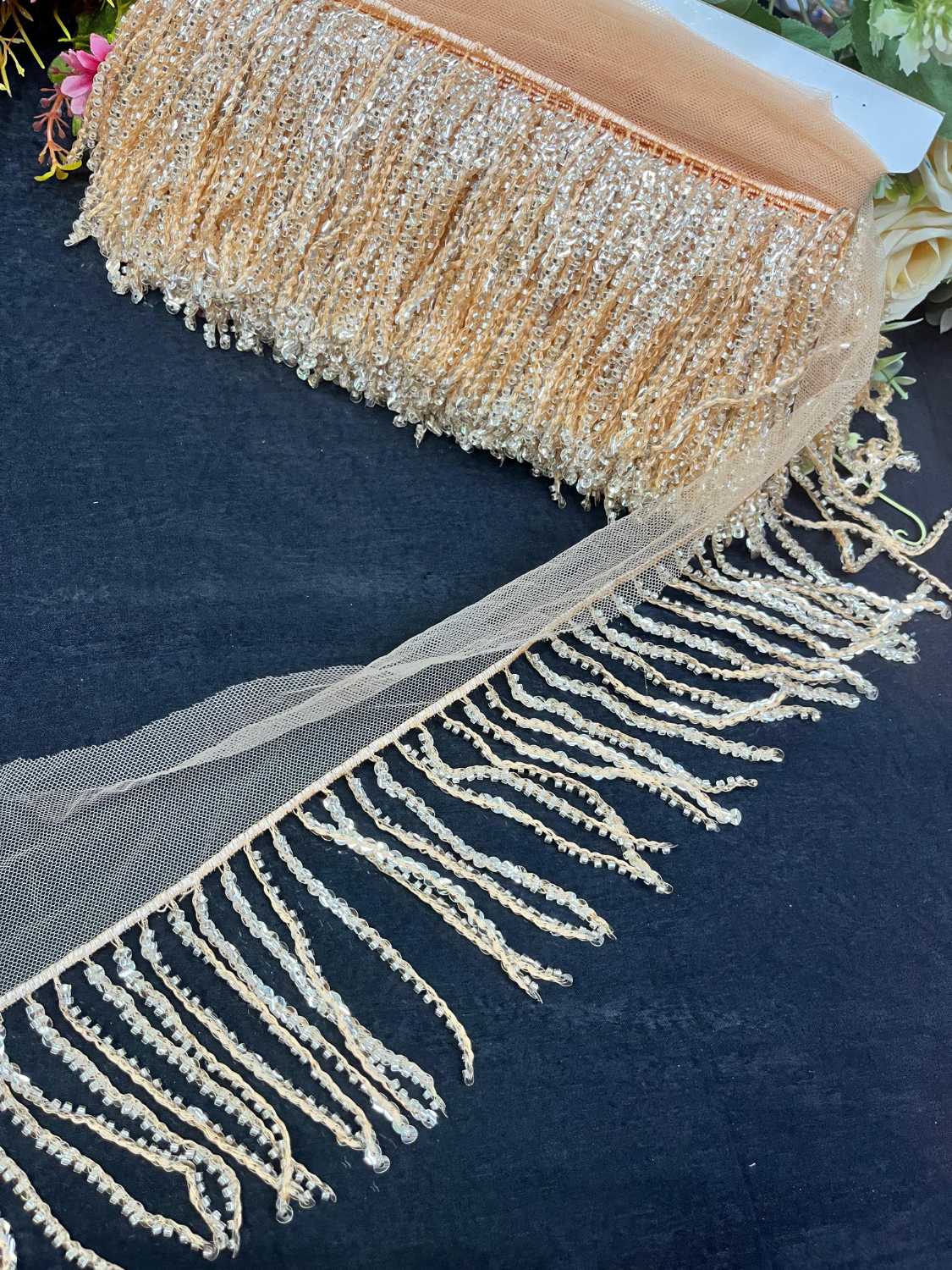 Sequence Fringe Lace | Western Imported Lace | Tassels Lace – Premium Designer Border Trim for Sarees, Lehengas & Gowns (9 Meter, 4 Inch Width) | Peach