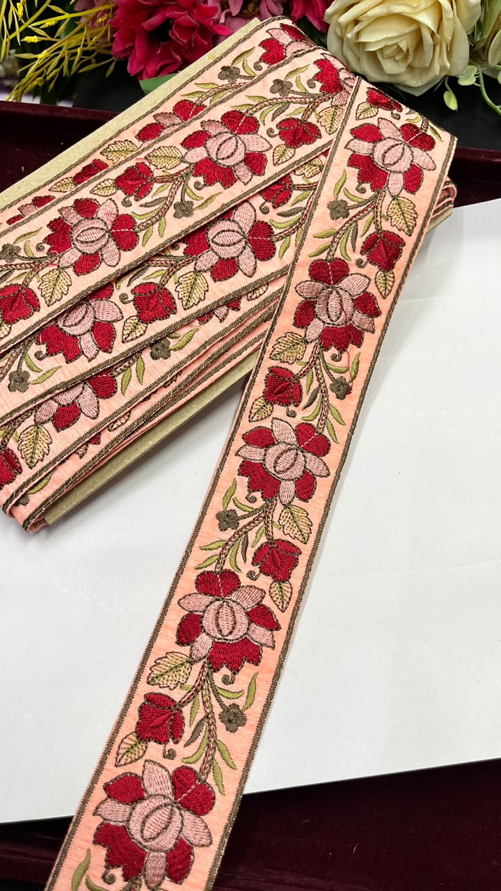 Exclusive Parsi Gara Work Lace for Sarees, Lehengas, Dupattas & Blouses – Designer Thread Embroidery Lace Border (2 Inch) | DC1071 | Peach