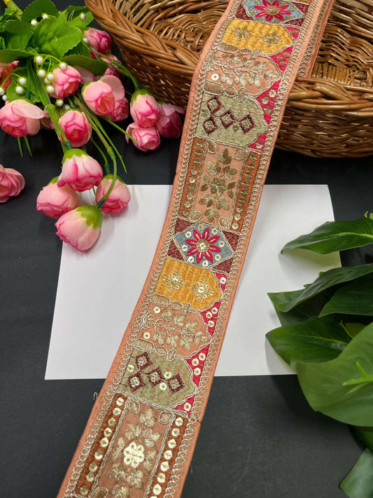 Sabyasachi Inspired Embroidered Sari Border with Zari & Sequin – 9 Meters, 2.5-Inch Designer Lace for Sarees & Lehengas | Peach