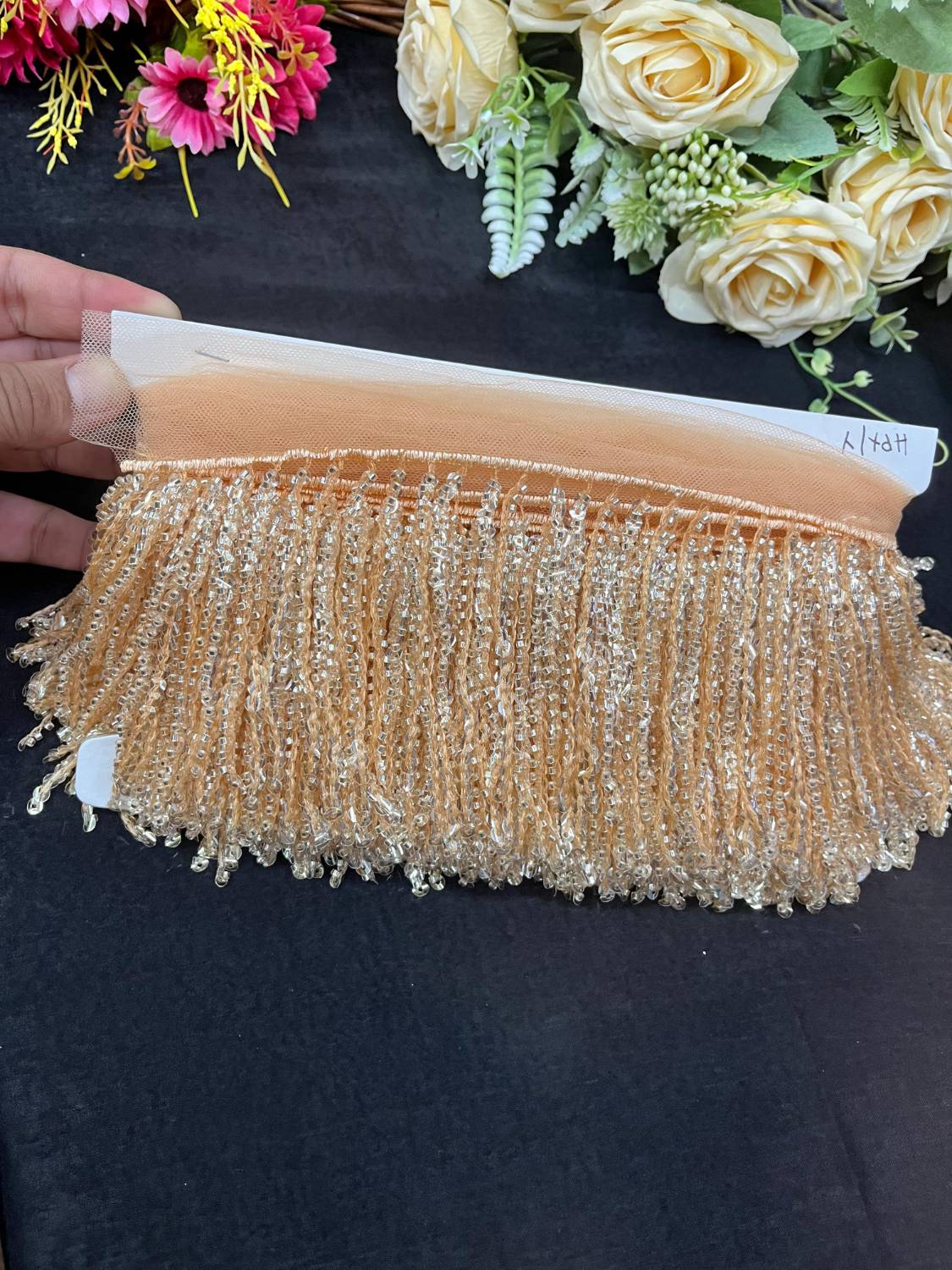 Sequence Fringe Lace | Western Imported Lace | Tassels Lace – Premium Designer Border Trim for Sarees, Lehengas & Gowns (9 Meter, 4 Inch Width) | Peach