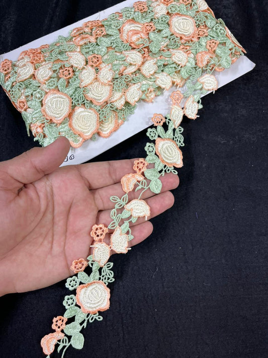 Beautiful Flower Western Lace Trim for Dresses, Sarees & Kurtis – Designer Imported Floral Lace Border (1.5 Inch) | Peach
