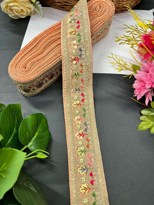 Sabyasachi Inspired Embroidered Saree Laces Border – Designer Lace Trim for Sarees, Lehengas & Dupattas (9 Meter) | Peach