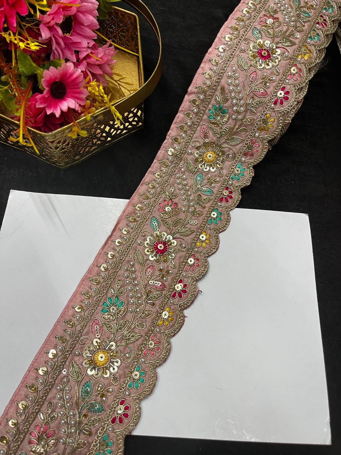 Multicoloured Sabyasachi Inspired Beaded & Katdana Work Saree Lace Border – Premium Maggam Work Trim for Bridal & Designer Wear (9 Meter, 3.5 Inch Width) | Peach