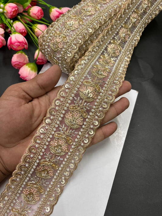 Luxurious Beaded Cutdana Bridal Saree Laces – Heavy Maggam Work Borders for Sarees, Dupattas & Lehengas (9 Meter, 2.5 Inch Width) | Peach