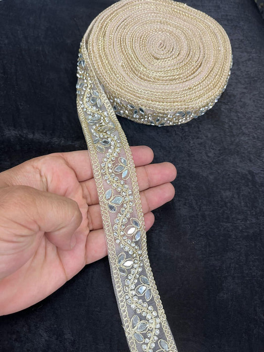 Designer Mirror Work Lace Trim with Rhinestones – Elegant Border for Sarees, Dupattas & Lehengas (9 Meter, 1 Inch Width) | Peach