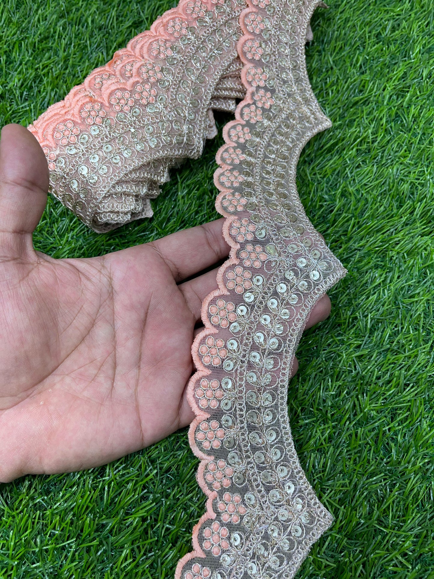 Embroidery Scallop Lace | Sequins Embellishment Trim | Craft Decorative Saree Lace – 9 Meters, 2-Inch Width | Peach