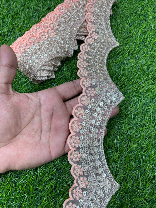 Embroidery Scallop Lace | Sequins Embellishment Trim | Craft Decorative Saree Lace – 9 Meters, 2-Inch Width | Peach
