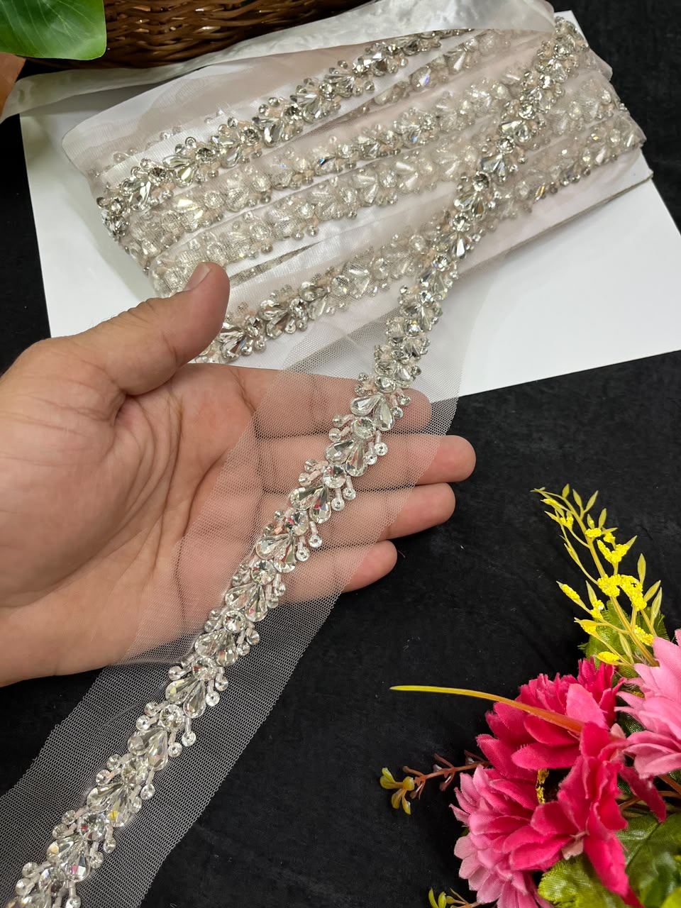 Designer Handmade Crystal Lace for Sarees, Lehengas & Dupattas – Premium Decorative Crystal Lace Border (1 Inch) | DC1012 | Peach