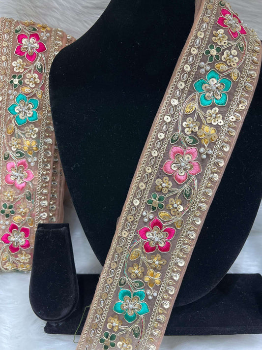 Embroidered Beaded Sequins Lace Borders on Net Fabric – 9 Meters, 2.5-Inch Maggam Work Trim for Sarees & Lehengas | Peach