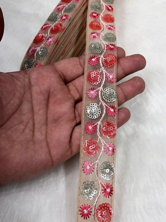 Sequence Work Embroidered Lace Border for Sarees, Dupattas, Skirts, and Lehenga - 9 Meter | Peach