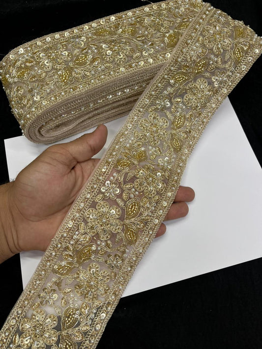 Designer Maggam Work Saree Lace on Net Fabric – Handcrafted Embroidered Lace Border for Sarees, Blouses & Lehengas (3.5 Inch) | Peach