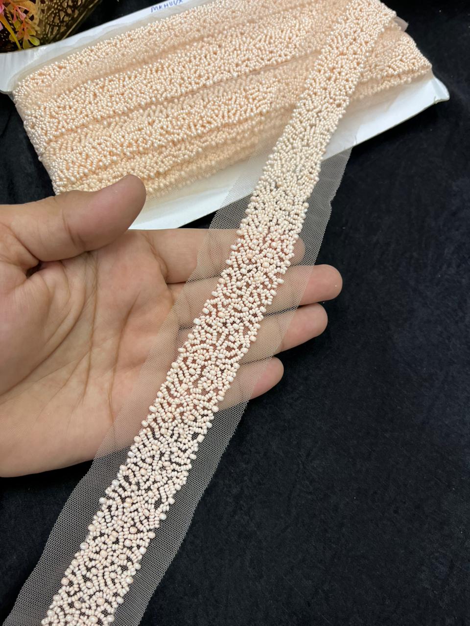 Exclusive Pearl Work Handcrafted Lace Trim for Sarees, Kurtis & Dresses – Designer Handmade Pearl Embroidery Lace Border | Peach