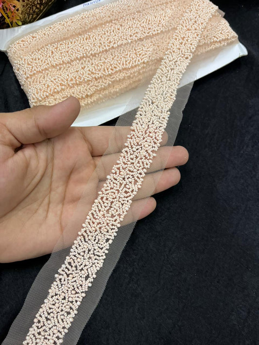 Exclusive Pearl Work Handcrafted Lace Trim for Sarees, Kurtis & Dresses – Designer Handmade Pearl Embroidery Lace Border | Peach