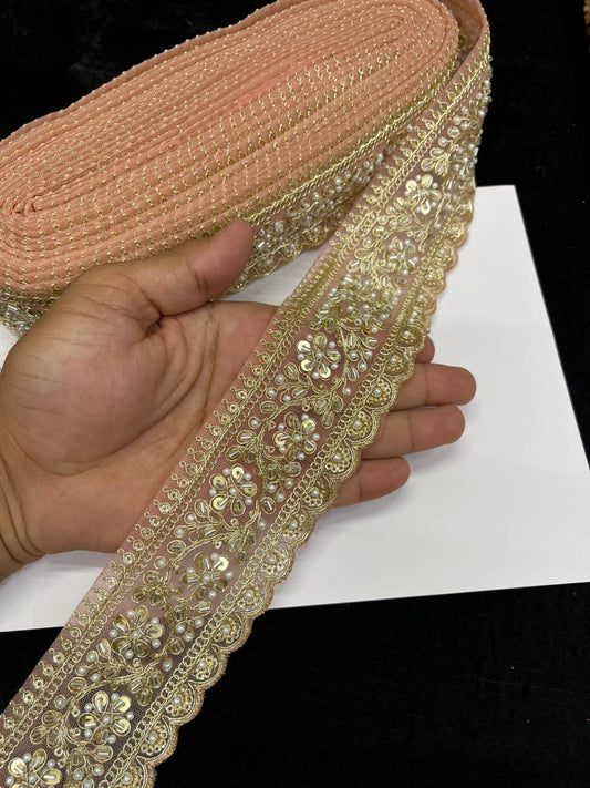 Rich Maggam Work Saree Border Lace for Blouses, Lehengas & Dresses – Designer Handcrafted Embroidered Lace (2.5 Inch) | Peach