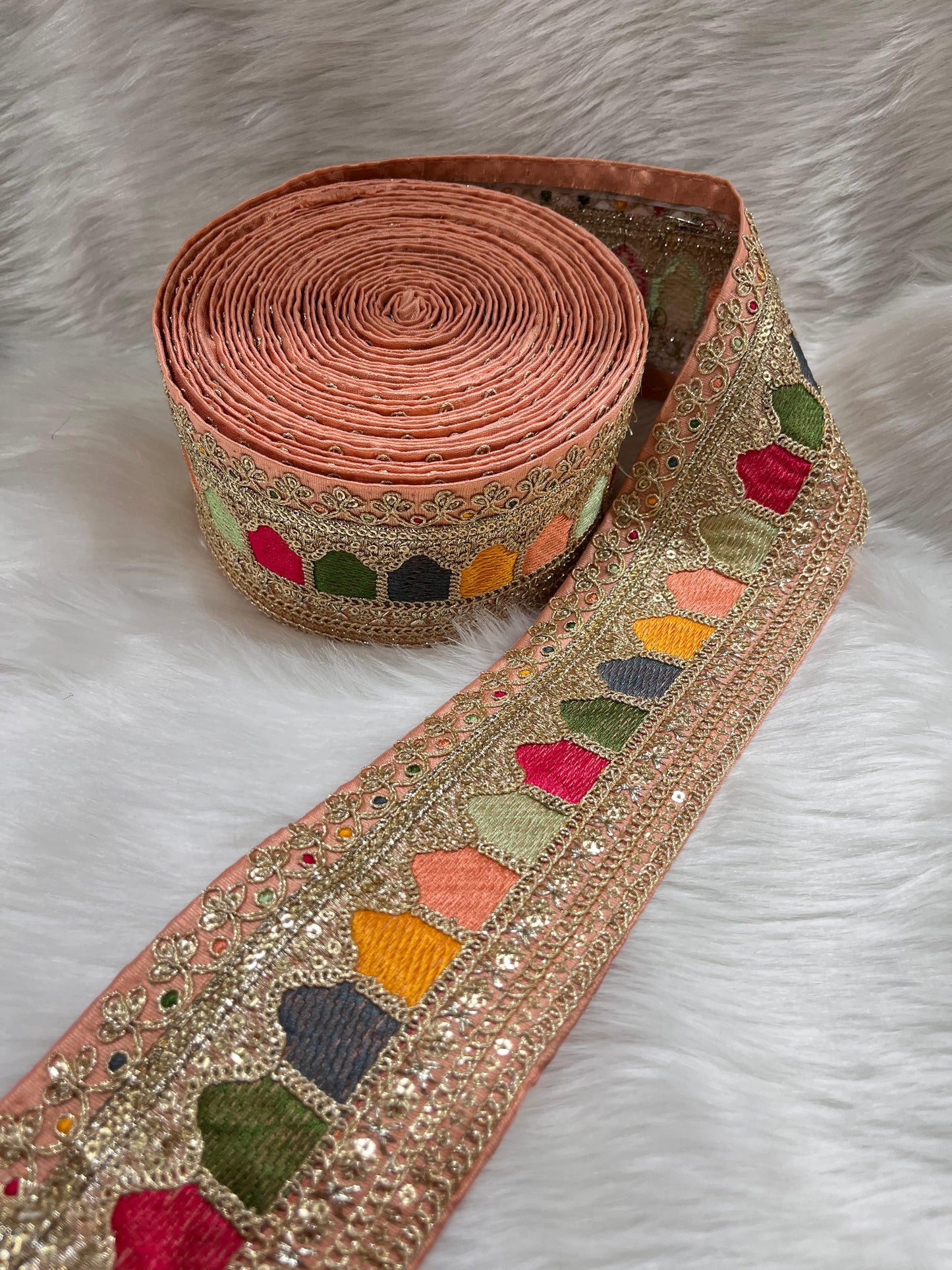Sabyasachi Inspired Embroidery Lace Borders – 9 Meters, 3-Inch Width, Handcrafted Elegance | Peach