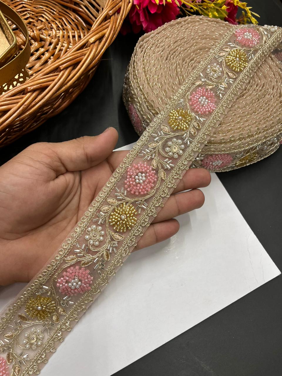 Beaded Bridal Laces Collection – Premium Maggam Work Designer Borders for Sarees, Lehengas & Dupattas (9 Meter, 2 Inch Width) | Peach