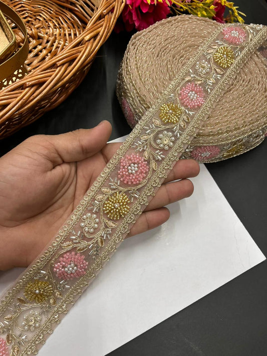 Beaded Bridal Laces Collection – Premium Maggam Work Designer Borders for Sarees, Lehengas & Dupattas (9 Meter, 2 Inch Width) | Peach