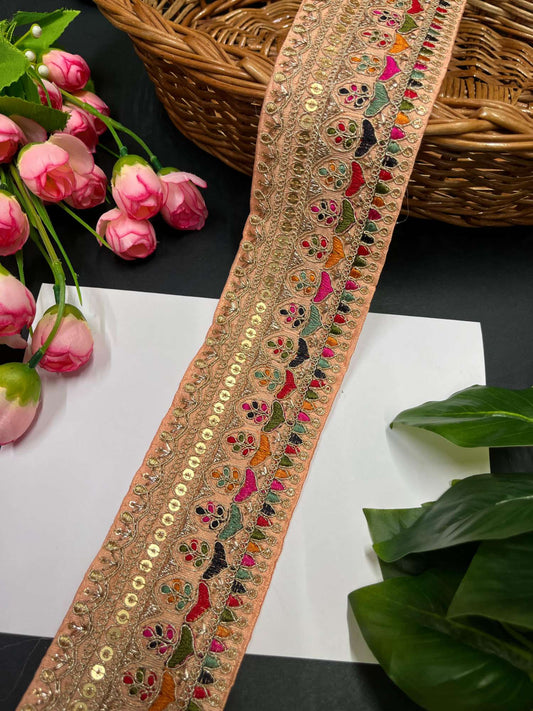 Exquisite Embroidered Lace Border – 9 Meters, 2.5-Inch Sabyasachi Inspired Designer Trim for Sarees & Lehengas | Peach