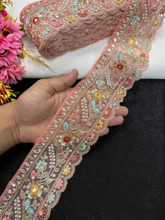 Multicoloured Flower Design Maggam Work Saree Lace – Designer Embroidered Border for Sarees, Blouses & Lehengas (3.5 Inch) | Peach