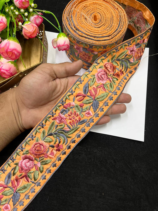 Thread Embroidery Flower Indian Lace Trim for Sarees, Kurtis & Dresses – Designer Floral Embroidered Lace Border (3 Inch) | Peach