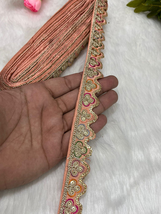 Sabyasachi-Inspired Multicoloured Designer Embroidered Trims – 9 Meter Roll, 1 Inch Wide for Crafting & Fashion | Peach
