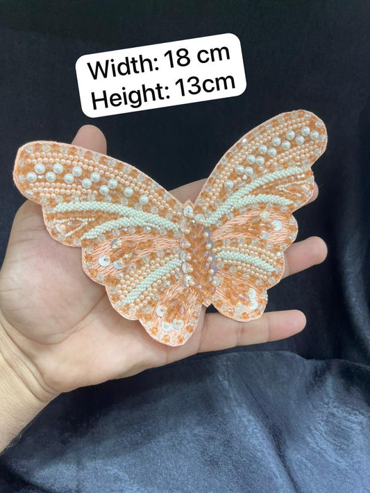 Handcrafted Crystal Butterfly Decorative Patch – Premium Designer Embellished Applique for Dresses & Ethnic Wear | Peach