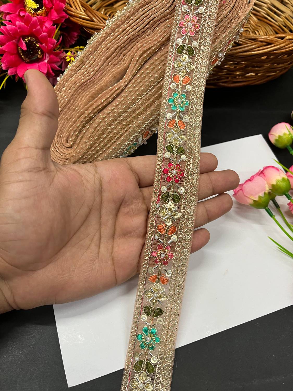 Beautiful Multicoloured Cutdana Beaded Saree Lace & Dupatta Lace – Premium Maggam Work Border Trim (9 Meter, 1.5 Inch Width) | Peach