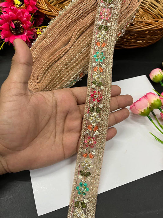 Beautiful Multicoloured Cutdana Beaded Saree Lace & Dupatta Lace – Premium Maggam Work Border Trim (9 Meter, 1.5 Inch Width) | Peach