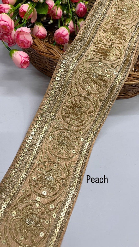 Embroidered Designer Lace Trim for Lehengas – 9 Meters, 4-Inch Width | Peach
