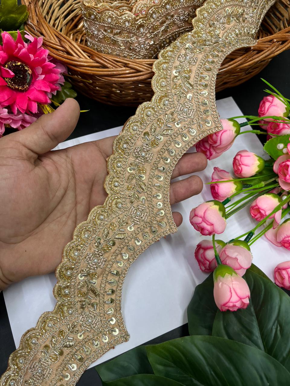 Scalloped Maggam Work Saree Borders – Premium Designer Maggam Lace Border for Ethnic Wear | Peach
