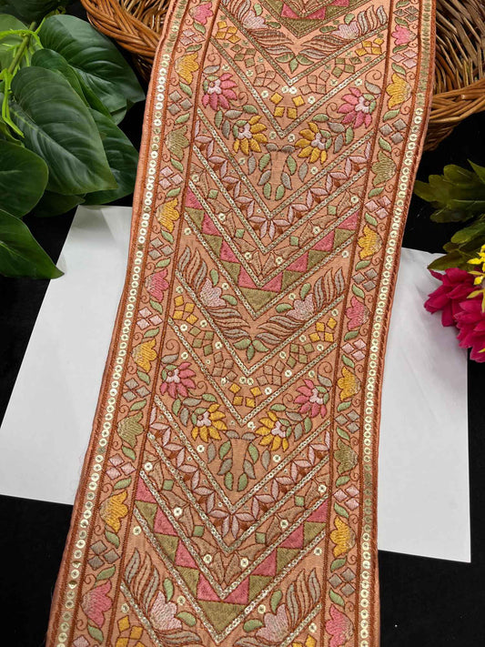 Multicolored Embroidered Lehenga Lace – 9 Meters, 7-Inch Heavy Designer Saree Laces Border for Lehengas, Sarees & Dupattas | Peach
