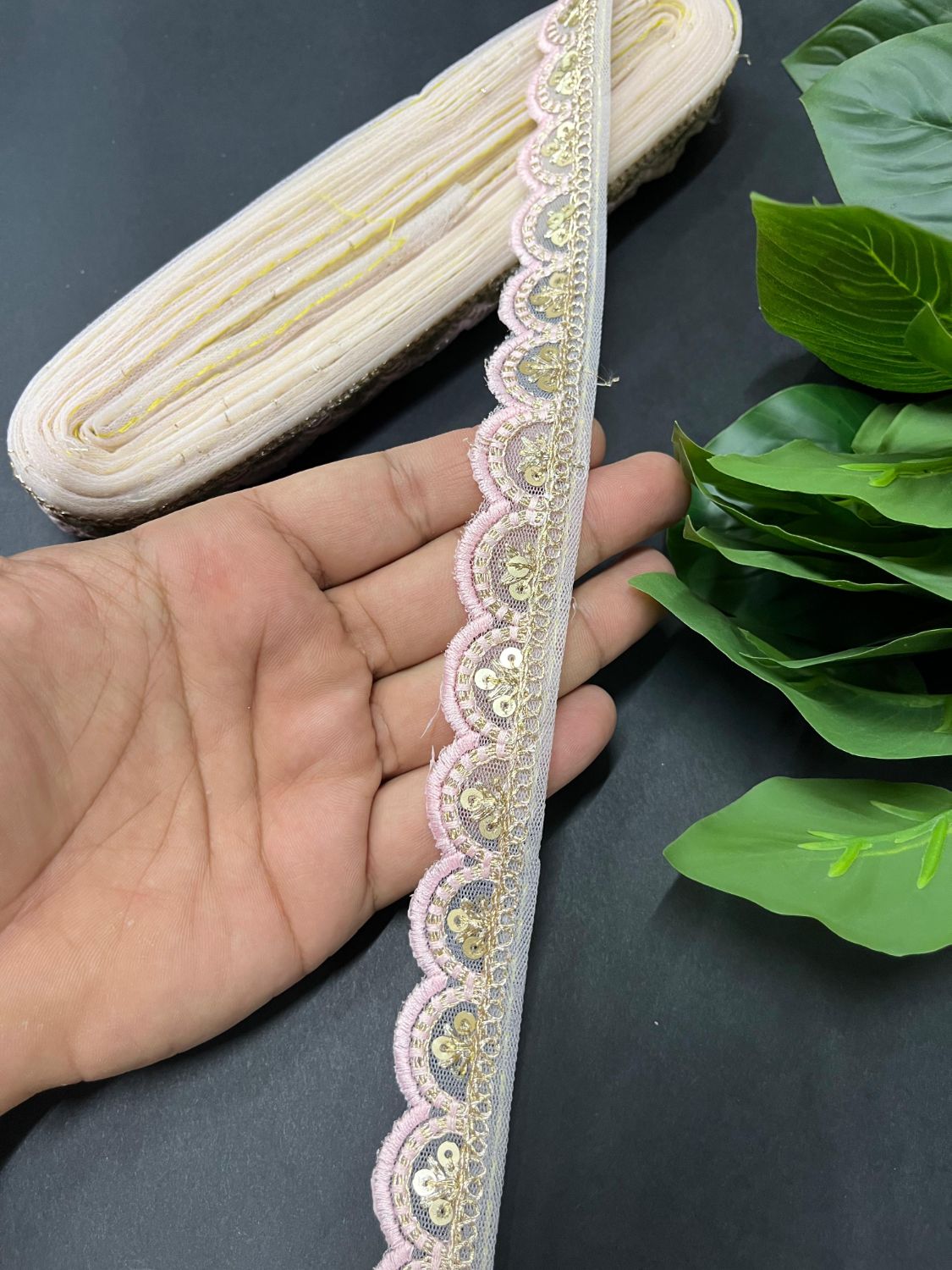 Gold Sequin Embroidered Lace on Net Fabric – Tone-to-Tone Design for Sarees, Dresses & Crafts – 9 Meter | Peach