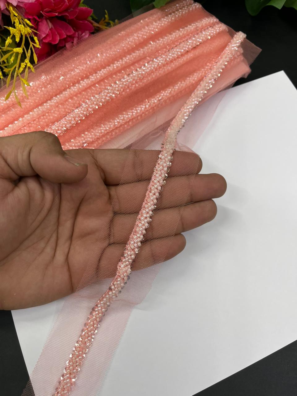 Imported Beaded Lace Trims – Premium Half-Inch Designer Lace for Sarees, Dupattas, Lehengas & Couture Wear (9 Meter) | Peach