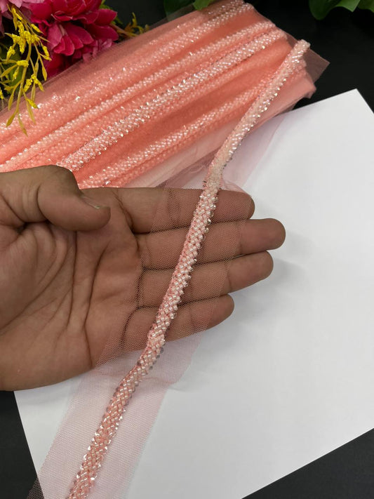 Imported Beaded Lace Trims – Premium Half-Inch Designer Lace for Sarees, Dupattas, Lehengas & Couture Wear (9 Meter) | Peach
