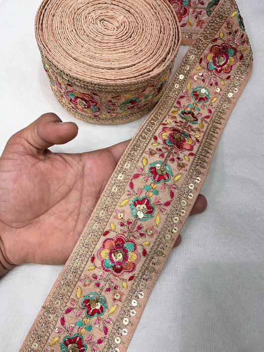 Embroidery Lace Embellishment Trim – 9 Meters, 3-Inch Width, Decorative Border | Peach