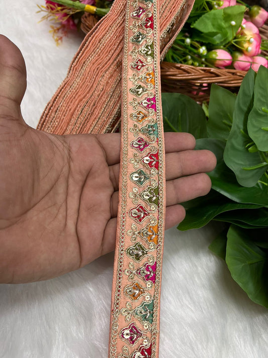 Sabyasachi-Inspired Embroidered Designer Lace Border – 9 Meter Roll, 1 Inch Wide for Ethnic & Creative Projects | Peach