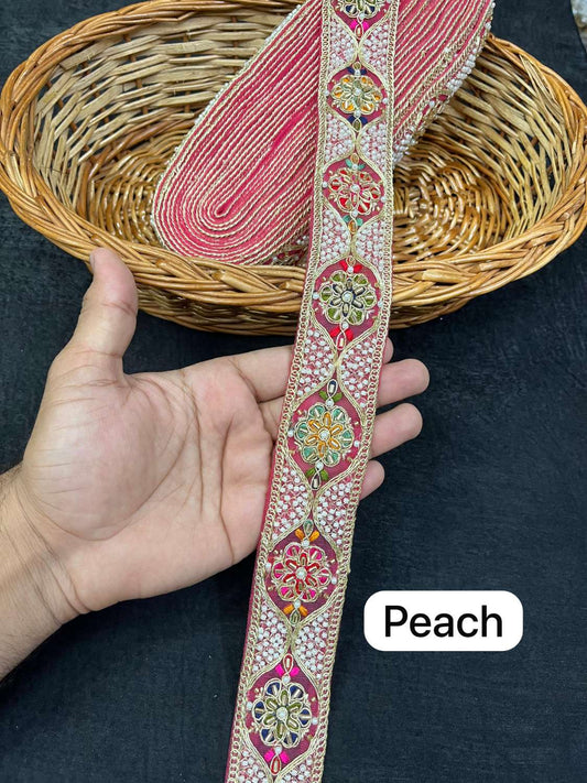 Multicoloured Bead Work Designer Lace on Net Fabric for Sarees & Lehengas (9 Meter) | Peach