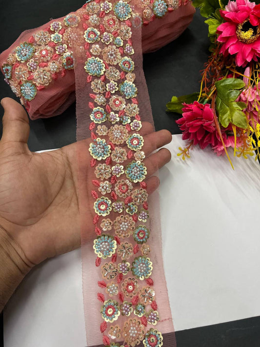 Stunning Thread Work Border with Pastel Bead Work – Designer Lace on Net Fabric (9 Meter) | Peach