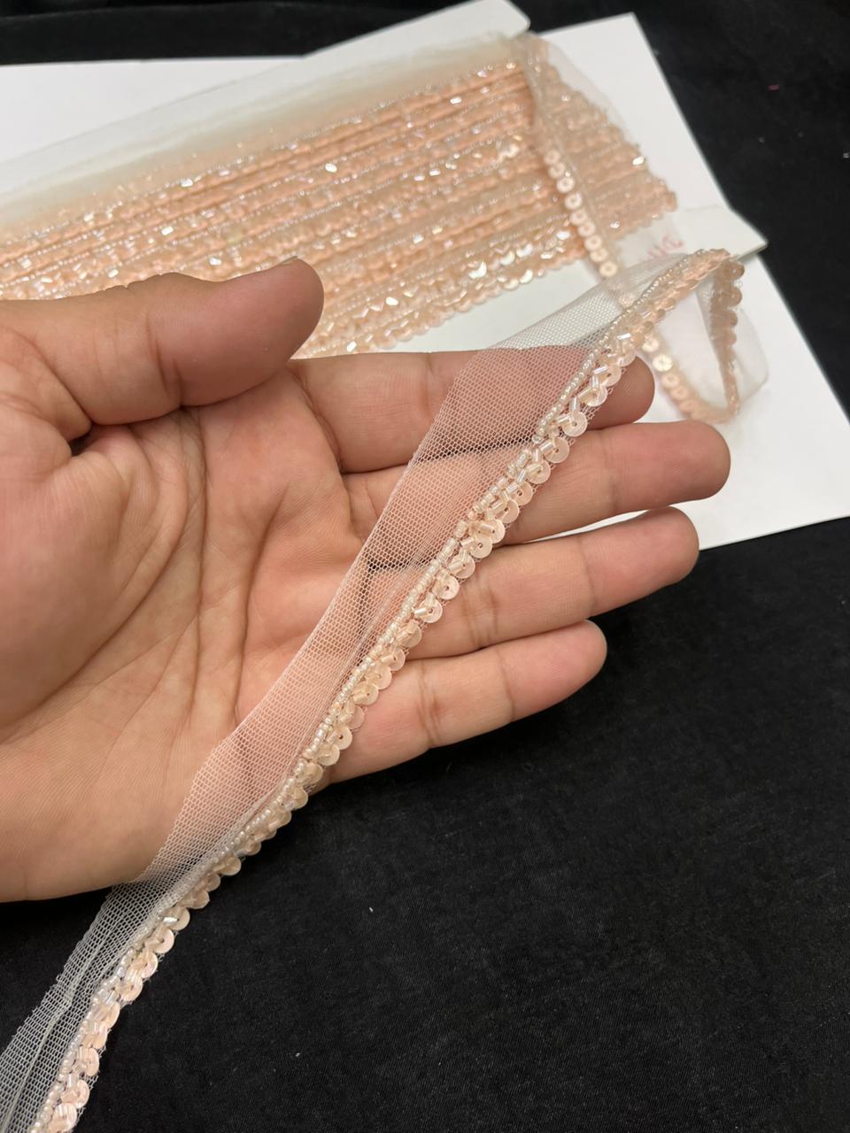 Handmade Sequins Lace Trim for Sarees, Blouses & Dresses – Narrow Handwork Embroidered Lace Border (1 cm) | Peach