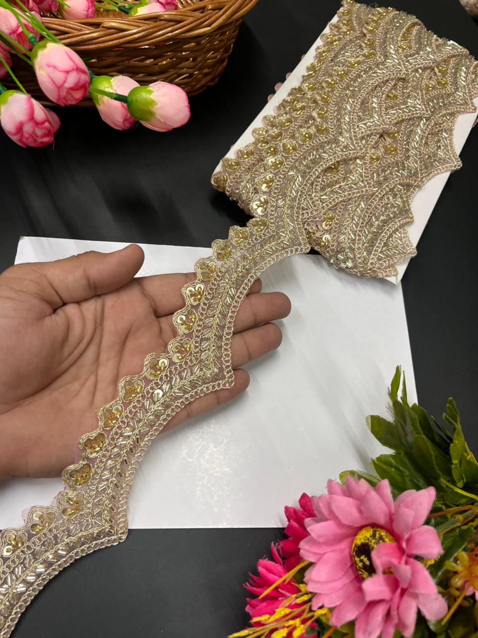 Scalloped Maggam Work Saree Lace Borders on Net Fabric – Designer Embroidered Trim for Sarees & Lehengas (9 Meter, 2 Inch Width) | Peach