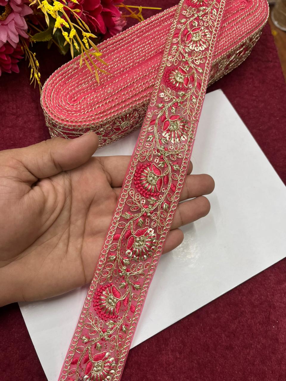 Sequins Work Zari Embroidered Laces – Premium Designer Borders for Sarees, Lehengas & Dupattas (9 Meter, 1.5 Inch Width) | Peach