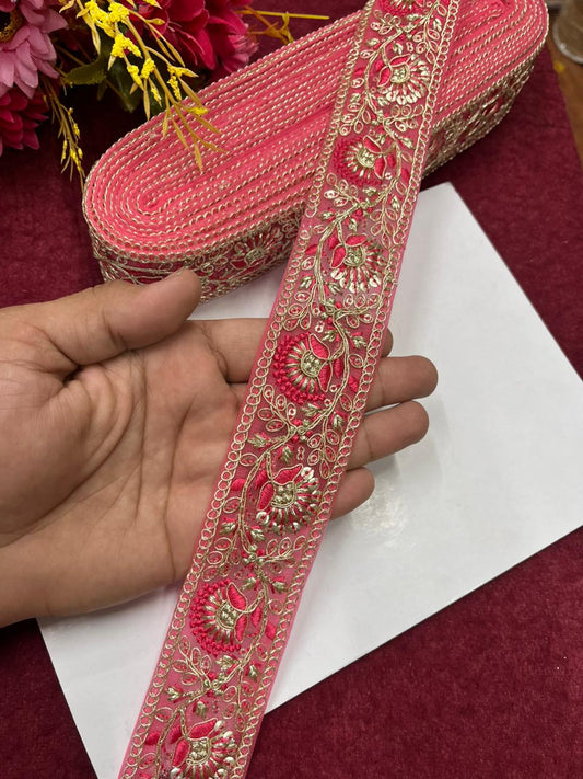 Sequins Work Zari Embroidered Laces – Premium Designer Borders for Sarees, Lehengas & Dupattas (9 Meter, 1.5 Inch Width) | Peach