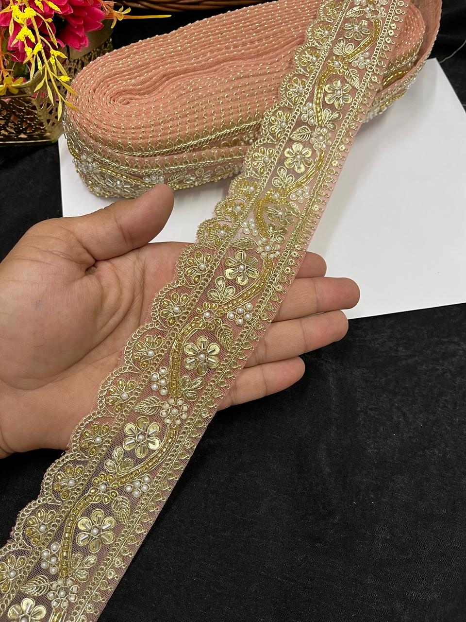 Designer Maggam Work Saree Border on Net Fabric – Handcrafted Embroidered Lace for Sarees, Blouses & Lehengas (2 Inch) | Peach