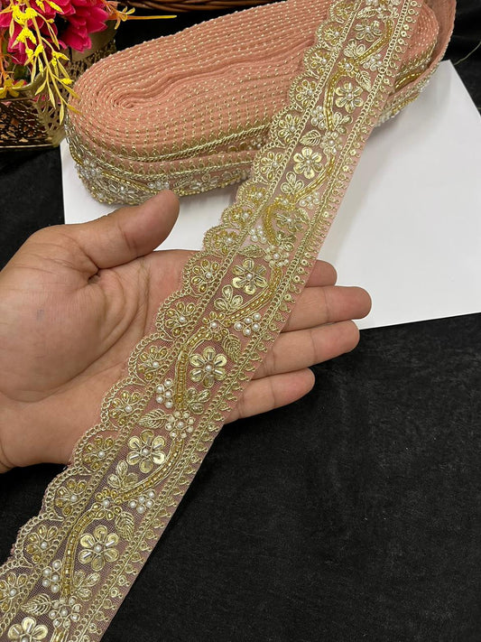 Designer Maggam Work Saree Border on Net Fabric – Handcrafted Embroidered Lace for Sarees, Blouses & Lehengas (2 Inch) | Peach