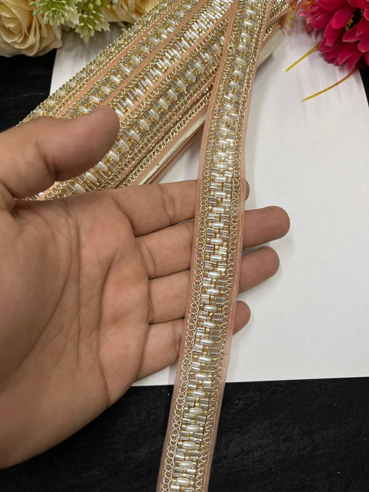 Delicate Pearl Work Designer Saree Laces – 9 Meters, 1-Inch Maggam Work Border for Sarees, Lehengas & Dupattas | Peach